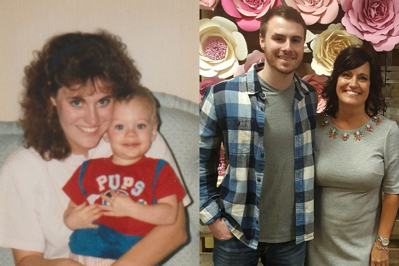 Stacie with her son 29 years ago and a photo of them today.